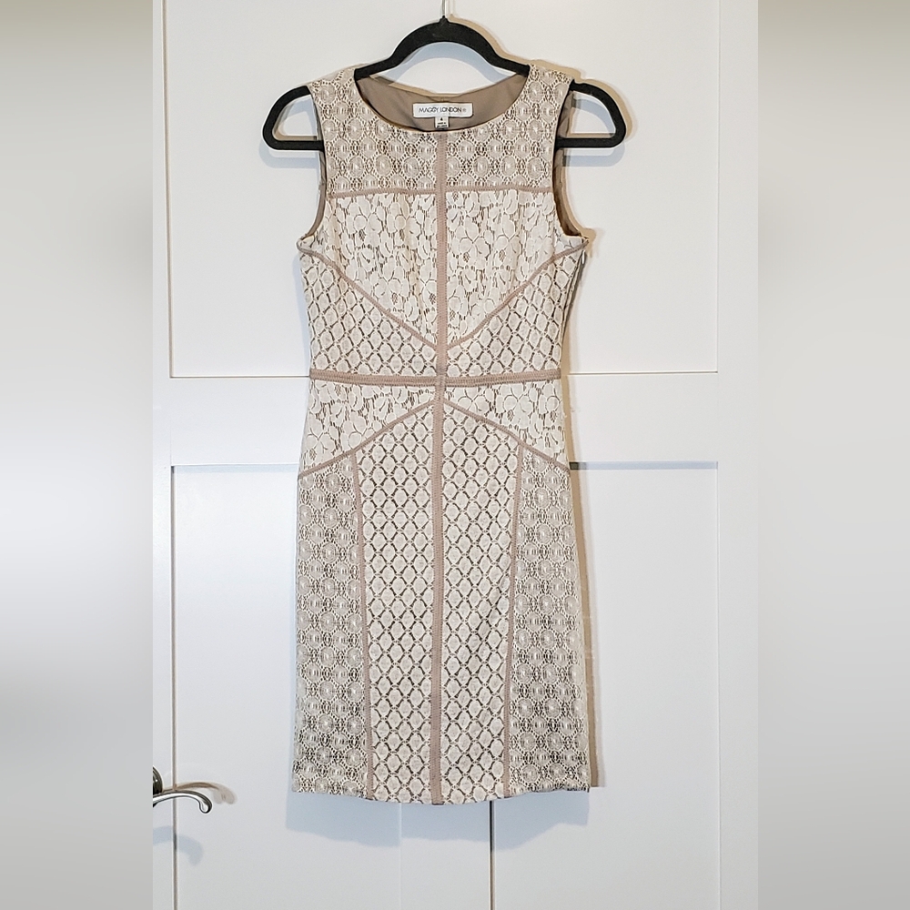 Maggy London Lace Overlay Midi Dress White Taupe Sleeveless Size 4 Like New